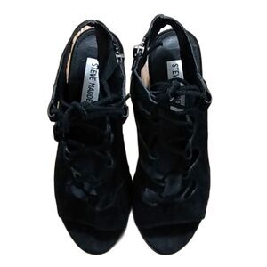 Steve Madden Nilunda Heels Sandals 6 Black Suede Leather Lace Up Peep Toe